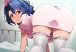  all_fours ass bed blue_hair brown_eyes garters hat hospital_bed idolmaster idolmaster_million_live! kaiga lace lace-trimmed_thighhighs looking_back nurse nurse_cap on_bed solo thighhighs toyokawa_fuuka zettai_ryouiki 