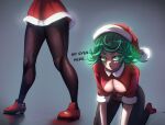  1girl absurdres alternate_breast_size_(larger) black_pantyhose breasts breasts_squeezed_together cleavage cleavage_cutout clothing_cutout commentary dress english_text engrish_text glowing glowing_eyes green_eyes green_hair hat hehevich highres kneeling medium_breasts one-punch_man pantyhose ranguage red_dress red_shoes santa_costume santa_dress santa_hat shoes short_dress short_hair tatsumaki thick_thighs thighs 