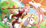  1girl :d animal bear boots cape child commentary_request crown deer dog epaulettes fang flag flower food fruit fudeshima_shigure game_asset grass highres holding holding_flag horse jacket letterboxed long_hair looking_at_viewer mini_crown non-web_source official_art open_mouth outdoors pink_eyes pink_hair purple_eyes rabbit riding saddle self-datamine sheep shorts smile solo star_(symbol) stuffed_animal stuffed_rabbit stuffed_toy teddy_bear world_dai_star 