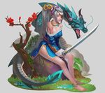  bangle bare_shoulders bracelet dragon eyepatch flower forehead hairpiece highres jewelry katana maomao original ponytail puddle silver_hair sitting solo stone sword tattoo weapon yin_yang 