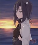  anchor artist_name black_hair breasts brown_eyes dated headgear kantai_collection ocean rokuwata_tomoe small_breasts solo sunset taihou_(kantai_collection) twitter_username 