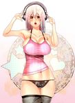  blush breasts cleavage clothes_writing commentary_request headphones large_breasts long_hair looking_at_viewer navel nitroplus open_mouth panties pink_hair puu_maru red_eyes skindentation solo super_sonico thighhighs underwear 