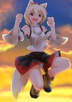  animal_ears breasts detached_sleeves fang full_body hat inubashiri_momiji jumping kunsei_hamu looking_at_viewer midriff navel open_mouth pom_pom_(clothes) red_eyes short_hair silver_hair skirt small_breasts solo tail tokin_hat touhou wolf_ears wolf_tail 