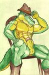  abs alligator anthro balls biceps boots chair claws clothing cowboy crazy_company crocodilian erection footwear hat hi_res humanoid_penis looking_at_viewer male muscular muscular_male nude pecs penis pose red_eyes reptile scalie sitting smile solo 