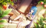  1girl apple bamboo berry black_border blue_eyes blue_hair blurry blurry_foreground blush book border branch bug cactus carrot cherry closed_mouth coconut commentary_request depth_of_field dress flower flower_pot food fruit game_asset grapes grass hair_between_eyes hair_ornament highres holding indoors ivy jungle ladybug leaf letterboxed lily_of_the_valley long_hair morning_glory nature non-web_source official_art palm_leaf palm_tree peach pillar plant potted_plant sandals scroll self-datamine sitting snow_rabbit solo strawberry tanabata tanzaku tomato toneri_nikako tree tulip vase vegetable vines watering_can watermelon world_dai_star 
