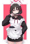  1girl absurdres alternate_costume apron bandaged_wrist bandages belt_collar black_hoodie blue_archive border brown_hair collar commentary cowboy_shot enmaided frilled_apron frills gun halo hand_on_own_hip hand_up highres holstered hood hoodie ivan_wang long_sleeves looking_at_viewer maid maid_headdress mask mask_pull misaki_(blue_archive) mouth_mask no_pants parted_lips pink_background red_eyes red_halo revision revolver ruger_lcr short_hair solo straight-on unconventional_maid untranslatable_commentary waist_apron weapon white_apron white_border 