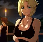  anime_coloring artist_request bare_shoulders between_breasts blonde_hair blue_eyes breast_hold breasts character_request cleavage dog_tags highres large_breasts looking_at_viewer multiple_girls muvluv parted_lips screencap short_hair solo_focus source_request stella_bremer tank_top 