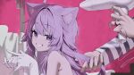  1girl 1other :d absurdres ahoge ai_(u_e_o_o) animal_ears blood blunt_bangs cat_ears cat_girl commentary_request from_side gloves grin hair_dryer highres holding holding_another's_hair holding_hair_dryer hololive jewelry long_hair looking_at_viewer nekomata_okayu onigirya_(nekomata_okayu) pink_background prison_clothes purple_eyes purple_hair ring sidelocks simple_background smile solo_focus virtual_youtuber white_gloves zuutto_issho_(kitani_tatsuya) 