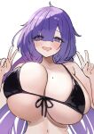  1girl absurdres azur_lane bare_shoulders bikini black_bikini blush breasts cleavage commentary_request double_v drooling heart heart-shaped_pupils highres huge_breasts long_hair looking_at_viewer low_twintails marumai mogador_(azur_lane) mogador_(diving_for_desire)_(azur_lane) mole mole_on_breast mouth_drool navel open_mouth purple_eyes purple_hair sketch smile solo swimsuit symbol-shaped_pupils twintails v 