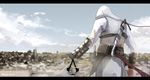  altair_ibn_la-ahad artist_name assassin's_creed assassin's_creed_(series) back bad_id bad_pixiv_id blade bracer clenched_hand cloud day hidden_blade highres hood magicians_(zhkahogigzkh) male_focus sky solo sword weapon 