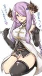  black_gloves black_legwear braid breasts draph elbow_gloves gloves granblue_fantasy hair_ornament hair_over_one_eye heart horns large_breasts long_hair narmaya_(granblue_fantasy) nyakonro_(nekonro) pointy_ears purple_eyes purple_hair simple_background single_braid single_thighhigh sitting solo thighhighs wariza white_background 