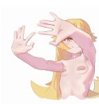  1girl \||/ absurdres armpits bandaid bandaids_on_nipples blonde_hair blush_stickers breasts closed_mouth collarbone commentary_request cropped_torso flipped_hair from_below from_side hair_flaps hand_shadow_covering_breasts_(meme) hands_up highres joegaimo long_hair meme monogatari_(series) no_shadow nude open_hands oshino_shinobu outstretched_arms pasties ringed_eyes sidelocks simple_background small_breasts smile solo spread_fingers upper_body vampire very_long_hair white_background yellow_eyes 