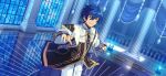  1boy ahoge blue_gem blue_hair blue_nails bridal_gauntlets candle candlestand column cowboy_shot ensemble_stars! fingernails game_asset gem gold_trim hair_between_eyes happy_elements high_collar idol idol_clothes indoors jacket jewelry long_sleeves looking_at_viewer male_focus non-web_source obbligato_(ensemble_stars!) official_art pants pillar plant ring sazanami_jun self-datamine shirt short_hair smile solo tassel teeth white_pants window yellow_eyes 