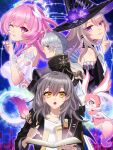  1boy 3girls ;) amphoreus_(honkai:_star_rail) as_i've_written_(honkai:_star_rail) black_coat blush book breasts brown_hair coat commentary_request cyrene_(demiurge)_(honkai:_star_rail) cyrene_(honkai:_star_rail) diamond-shaped_pupils diamond_(shape) dress dual_persona grey_hair hat herta_(honkai:_star_rail) highres holding holding_quill honkai:_star_rail honkai_(series) index_finger_raised large_breasts long_hair medium_hair mem_(honkai:_star_rail) mobius_strip multiple_girls one_eye_closed open_book phainon_(honkai:_star_rail) pink_hair purple_eyes quill shirt short_hair smile stelle_(honkai:_star_rail) symbol-shaped_pupils tamaco_art the_herta_(honkai:_star_rail) trailblazer_(honkai:_star_rail) very_long_hair white_dress white_shirt witch_hat yellow_eyes 