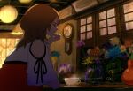  1girl anago_(tokyo_retro_gokko) analog_clock backlighting black_ribbon blue_flower brown_eyes brown_hair cafe clock closed_mouth clothing_cutout commentary_request cup elbow_on_table fatal_frame fatal_frame:_maiden_of_black_water flower from_side hand_on_own_chin hanging_light highres indoors kozukata_yuuri looking_ahead orange_flower orange_shirt pendulum_clock pink_flower profile ribbon saucer shade shirt short_sleeves shoulder_cutout sleeve_ribbon solo steaming_cup strapless strapless_shirt table teacup upper_body vase wall_clock white_flower yellow_flower 
