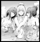  3girls bangs blush bottle breasts cleavage collarbone commentary cup fate/grand_order fate_(series) food girl_sandwich greyscale hair_up holding holding_food ice_cream large_breasts leaning_on_person long_hair looking_at_another medb_(fate)_(all) medb_(fate/grand_order) monochrome multiple_girls nude onsen open_mouth partially_submerged sakazuki sake_bottle sandwiched scathach_(fate)_(all) scathach_(fate/grand_order) scathach_skadi_(fate/grand_order) smile steam syatey upper_body wet yuri 