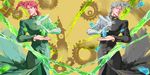  2boys clock clock_tower commentary dual_persona earrings english_commentary gakuran gears grey_hair hierophant_green idachi jewelry jojo_no_kimyou_na_bouken kakyoin_noriaki male_focus multiple_boys red_hair school_uniform stand_(jojo) tentacles tower 