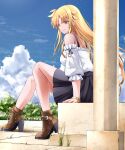  1girl ankle_boots black_skirt blonde_hair blouse blue_sky boots breasts brown_boots cloud commentary_request day fate_testarossa floating_hair gold_bangle highres long_hair looking_to_the_side lyrical_nanoha mahou_shoujo_lyrical_nanoha_strikers medium_breasts outdoors pleated_skirt red_eyes shirt sitting skirt sky smile solo sougetsu_izuki strapless very_long_hair white_shirt 