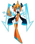 1girl :p artist_name blue_eyes blue_tongue blush boots colored_skin colored_tongue commentary crossover detached_sleeves eyelashes fusion grin hair_between_eyes hatsune_miku lightning_bolt_symbol orange_boots orange_hair pokemon pokemon_(creature) rotom rotom_(normal) simple_background sleeves_past_fingers sleeves_past_wrists slit_pupils smile socky teeth thigh_boots tongue tongue_out twintails vocaloid white_background white_skin 