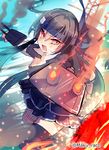  bad_id bad_twitter_id black_hair black_legwear blazer blush cannon cis_(carcharias) commentary_request crying crying_with_eyes_open fire hair_ornament hatsushimo_(kantai_collection) headband jacket kantai_collection long_hair low-tied_long_hair machinery open_mouth pleated_skirt red_eyes remodel_(kantai_collection) school_uniform single_thighhigh skirt solo tears thighhighs turret twitter_username 