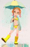  1girl agent_8_(splatoon) artist_name bikini blue_coat boots breasts cameltoe closed_mouth coat collarbone commentary_request full_body gradient_hair highres holding holding_umbrella long_hair looking_at_viewer medium_breasts multicolored_hair navel octoling purple_hair raincoat red_hair rubber_boots see-through_clothes see-through_coat signature smile solo splatoon_(series) splatoon_2 standing standing_on_one_leg stomach suction_cups swimsuit tanukichikushin tentacle_hair thighs two-tone_hair umbrella yellow_bikini yellow_boots yellow_eyes 