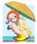  1girl :t agent_8_(splatoon) artist_name bikini boots breasts closed_mouth coat commentary commentary_request from_side full_body highres holding holding_umbrella hood hood_down long_hair looking_at_viewer medium_breasts multicolored_hair navel octoling pout purple_hair raincoat red_hair rubber_boots see-through_clothes see-through_coat short_eyebrows signature solo splatoon_(series) splatoon_2 squatting stomach suction_cups swimsuit tanukichikushin tentacle_hair thighs two-tone_hair umbrella untranslatable_commentary yellow_bikini yellow_boots yellow_eyes 