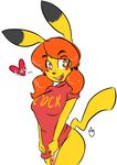 &lt;3 bottomless breasts brown_eye butt clothed clothing dialogue dickgirl duckdraw female futa&#039;chu hair half-dressed happy intersex looking_at_viewer nintendo orange_hair penis pikachu pok&eacute;mon simple_background smile solo standing video_games yellow_skin 