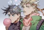  2boys aqua_eyes artist_name black_hair black_shirt blonde_hair blowing_bubble_gum blowing_bubbles bubble caesar_anthonio_zeppeli chewing_gum commentary dated facial_mark feather_hair_ornament feathers floating_hair from_side green_jacket hair_ornament headband highres jacket jojo_no_kimyou_na_bouken jonathan_joestar kutako_(kutako138) looking_ahead looking_at_viewer male_focus mouth_hold multiple_boys phantom_blood pink_scarf popped_collar scarf shirt short_hair simple_background sleeveless sleeveless_shirt triangle_print v-shaped_eyebrows wind 