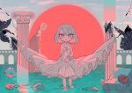  1girl bare_shoulders closed_mouth column commentary dress flower full_body grey_eyes grey_hair hair_ornament highres looking_at_viewer medium_hair original outdoors pillar ruins scrunchie short_hair sleeveless sleeveless_dress smile solo standing sun terada_tera wading water white_dress 