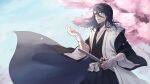  1boy absurdres black_eyes black_hair black_hakama black_kimono bleach bleach:_sennen_kessen-hen cherry_blossoms closed_mouth commentary cowboy_shot day eyes_visible_through_hair falling_petals floating_clothes floating_hair hair_between_eyes hakama hand_on_sheath hand_up haori hhjr_3me highres japanese_clothes katana kimono kuchiki_byakuya lips long_hair long_hair_between_eyes long_sleeves looking_at_viewer male_focus nose outdoors petals sheath sheathed sideways_glance solo spring_(season) sword tree tsuba_(guard) tsurime watermark weapon white_haori wide_sleeves wind 