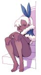  1girl absurdres bare_legs barefoot blue_bow blue_capelet bow capelet closed_mouth commentary dark-skinned_female dark_skin english_commentary feet full_body fur-trimmed_capelet fur_trim hair_bow hand_on_own_face hand_on_own_knee highres knees_up legs long_hair looking_at_viewer original piku184 pointy_ears ponytail red_eyes simple_background sitting sitting_on_stairs solo stairs thighs toenails toes white_background white_hair 