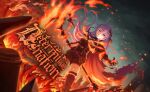  1girl antenna_hair autumn autumn_leaves belt bird black_border blue_fire boots border breath_weapon breathing_fire burning burnt_clothes campfire candle candlelight cape cave commentary_request cooking copyright_name destruction dusk embers evening explosion fiery_hair fiery_wings fire fireplace firing fish flame-tipped_tail flaming_eye flaming_sword flaming_weapon flower food fruit game_asset ginkgo_leaf gloves goldfish gradient_sky grin hair_ribbon highres holding honey jack-o'-lantern laevatein_(touhou) lava leaf letterboxed long_hair looking_at_viewer magic mountainous_horizon muzzle_flash non-web_source official_art orange_(fruit) orange_background orange_flower orange_sky orange_theme phoenix pillarboxed purple_eyes purple_fire purple_hair pyrokinesis red_eyes red_sky renjakuno_hatsumi ribbon self-datamine shorts sky smile smoke solo sparks spear_the_gungnir standing sun sunset sweet_potato sword sword_of_hisou tail thighhighs torch twilight volcano weapon wings world_dai_star 