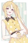  +++ 1girl ahoge alternate_costume belt black_belt blonde_hair blush bocchi_the_rock! bracelet collared_dress commentary_request cube_hair_ornament dress e20 gem hair_ornament highres ijichi_nijika jewelry laughing long_hair long_sidelocks looking_at_viewer one_side_up open_mouth pearl pearl_bracelet polka_dot polka_dot_background polka_dot_dress ponytail shirt side_ponytail sidelocks sleeveless smile solo yellow_dress yellow_nails 