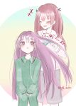  2girls :o absurdres aikawa_megumi closed_mouth commentary_request drying drying_another's_hair drying_hair hair_dryer hair_tie heaven_burns_red highres holding holding_hair_dryer kunimi_tama long_hair multiple_girls myth_saka open_mouth pajamas pink_hair purple_eyes purple_hair 