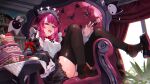  1girl :d absurdres apron black_dress black_shoes bloom_(irys) blue_eyes blunt_bangs brooch chair commentary dress drill_hair drill_sidelocks english_commentary flower flower_brooch fork frilled_apron frills gloom_(irys) hair_flower hair_ornament heterochromia highres holding holding_fork hololive hololive_english horns indoors irys_(hololive) irys_(maid)_(hololive) jewelry juliet_sleeves lace-trimmed_dress lace_trim long_hair long_pointy_ears long_sleeves looking_at_viewer maid namiorii official_alternate_costume official_alternate_hairstyle on_chair open_mouth pointy_ears puffy_sleeves purple_eyes purple_hair shoe_dangle shoes sidelocks single_shoe single_sleeve_past_fingers sitting sitting_sideways smile solo thighhighs victorian_maid virtual_youtuber white_apron wide_sleeves 