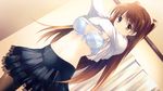  black_legwear black_skirt bra breasts brown_eyes brown_hair cleavage frilled_skirt frills indoors long_hair looking_at_viewer medium_breasts navel ogiso_setsuna pantyhose skirt solo underwear undressing white_album_2 white_bra 