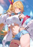  1girl :p armpits bad_id bad_twitter_id black_choker black_undershirt blonde_hair blue_ribbon blue_shorts blue_sky blush bow breasts choker collarbone commentary day hair_ornament hand_on_own_hip highres hoshikawa_sara hoshikawa_sara_(1st_costume) jacket jacket_partially_removed large_breasts lens_flare long_hair long_sleeves multicolored_hair nakatama_kyou navel nijisanji one_eye_closed open_clothes open_jacket outdoors panty_straps pink_streaks red_eyes red_ribbon ribbon shirt short_shorts shorts side_ponytail single_bare_shoulder skindentation sky smile solo stomach streaked_hair tank_top thigh_strap tied_shirt tongue tongue_out two-tone_bow v very_long_hair virtual_youtuber white_jacket white_tank_top wide_sleeves x_hair_ornament yellow_bow yellow_ribbon 