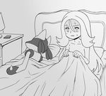  1girl bed bed_sheet desk gooberman_(kdk5011) gym_leader koruni_(pokemon) lampshade lucario monochrome nude pillow pokemon 