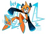  1girl arm_tattoo artist_name blue_eyes boots colored_skin commentary crossover detached_sleeves english_commentary full_body fusion grin hair_between_eyes hatsune_miku lightning_bolt_symbol notice_lines number_tattoo orange_boots orange_hair orange_shirt pokemon pokemon_(creature) rotom rotom_(normal) shirt simple_background sleeves_past_fingers sleeves_past_wrists smile socky tattoo teeth thigh_boots twintails vocaloid white_background white_skin 