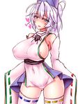  areola_slip areolae armpits ass_visible_through_thighs bare_shoulders blue_eyes blush breasts covered_navel covered_nipples detached_sleeves harumi_(harumix) hat heart heart-shaped_pupils large_breasts mononobe_no_futo no_panties ponytail short_hair sideboob silver_hair solo symbol-shaped_pupils tate_eboshi thighhighs thighs touhou white_background white_legwear wide_sleeves 