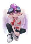  1boy absurdres black_leggings black_shoes blush closed_mouth commentary_request ear_piercing full_body goggles goggles_on_head grey_eyes hair_between_eyes highres leggings looking_at_viewer male_focus octoling octoling_boy octoling_player_character paki2000 piercing pointy_ears purple_hair shirt shoes short_hair short_sleeves sitting smile sneakers solo splatoon_(series) splatoon_2 thick_eyebrows white_shirt 