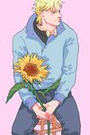  1boy blonde_hair bow bowtie caesar_anthonio_zeppeli commentary english_commentary facial_mark flower green_eyes holding holding_flower idachi jojo_no_kimyou_na_bouken looking_to_the_side male_focus polka_dot sitting solo stool sunflower 