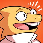  alphys buckteeth bust_portrait cubewatermelon eyewear female glasses happy lab_coat open_mouth orange_background scales scalie simple_background smile solo teeth undertale video_games yellow_scales 
