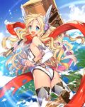 :d ahoge armor armpits ass ass_cutout back bare_back bare_shoulders blonde_hair blue_eyes blue_sky boots breastplate butt_crack cloud day detached_sleeves empew floating_hair flying from_side greaves hammer happy head_wings headgear holding holding_weapon huge_weapon landscape leotard long_hair looking_at_viewer looking_back ocean open_mouth outdoors over_shoulder red_scarf scarf skin_tight sky smile solo thighhighs torn_clothes vambraces very_long_hair water wavy_hair weapon weapon_over_shoulder wind 