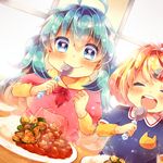  ahoge aqua_hair blonde_hair blue_eyes curry dutch_angle eating food hair_ornament hairclip hatsune_miku hood hooded_sweater kagamine_rin kindergarten_uniform long_hair multiple_girls rice smile sweater twintails urara_(sumairuclover) vocaloid younger 