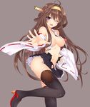  ;d ahoge black_legwear blue_eyes breasts brown_hair censored collarbone double_bun headband heart heart-shaped_pupils heart_censor kantai_collection kneehighs kongou_(kantai_collection) kurifuto leg_up long_hair looking_at_viewer medium_breasts midriff navel nipple_censor nontraditional_miko one_eye_closed open_mouth outstretched_arm outstretched_hand pleated_skirt simple_background skirt smile solo symbol-shaped_pupils torn_clothes very_long_hair 
