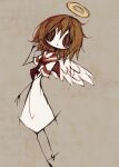  1girl angel angel_wings brown_eyes brown_hair commentary_request dress f_(f_sfka) feathered_wings haibane_renmei halo looking_at_viewer messy_hair rakka_(haibane_renmei) sailor_collar short_hair short_sleeves skinny solo traditional_halo white_background white_dress wings 