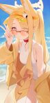  1girl above-cleavage_cutout absurdres animal_ear_fluff animal_ears blonde_hair blue_archive breasts chinese_commentary clothing_cutout commentary_request cross_halo diamond_cutout extra_ears eyes_visible_through_hair fox_ears fox_girl halo hand_up highres huashengjiang_gan_lao_mian jacket long_hair looking_at_viewer official_alternate_costume one-piece_swimsuit orange-tinted_eyewear ponytail seia_(blue_archive) seia_(swimsuit)_(blue_archive) small_breasts solo sunglasses swimsuit tinted_eyewear v white_one-piece_swimsuit yellow_halo yellow_jacket yellow_visor_cap 