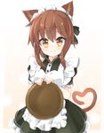  animal_ears apron brown_eyes brown_hair commentary_request folded_ponytail heart heart-shaped_pupils heart_tail highres inazuma_(kantai_collection) kantai_collection kemonomimi_mode long_hair maid maid_headdress rateratte smile solo symbol-shaped_pupils tail tray 