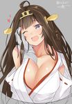  admiral_(kantai_collection) ahoge blue_eyes breast_squeeze breasts brown_hair cleavage collarbone cursor detached_sleeves disembodied_limb grey_background hairband hands headgear heart heart-shaped_pupils isshiki_(ffmania7) japanese_clothes kantai_collection kongou_(kantai_collection) large_breasts long_hair nontraditional_miko one_eye_closed open_mouth ribbon-trimmed_sleeves ribbon_trim simple_background smile symbol-shaped_pupils twitter_username 